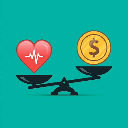 Health or money vector illustration. Heart and money on scales. Health concept.
